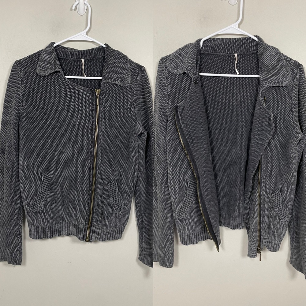 Free People Knit Moto Jacket Sweater In Gray Size Medium Cotton Fall Casual